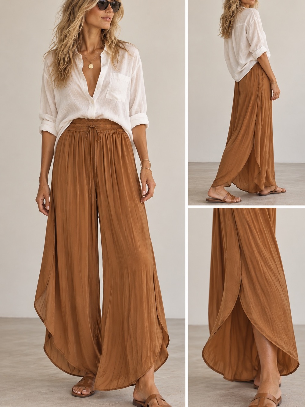 Flowy Wide-Leg Wrap Palazzo Pants in Camel Brown